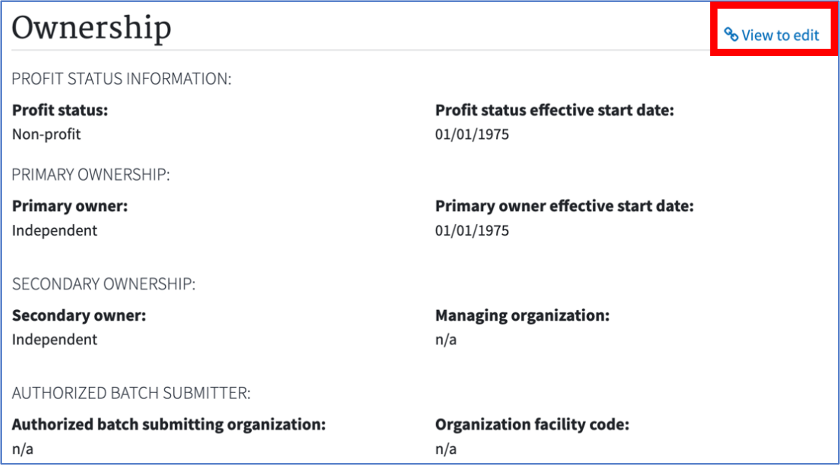 Ownership Information Screen of EQRS highlighting the "View to Edit" link in the upper right-hand section of the window.