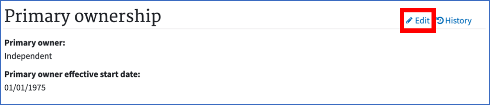 Primary Ownership Screen of EQRS highlighting the "Edit" link in the upper right-hand section of the window.
