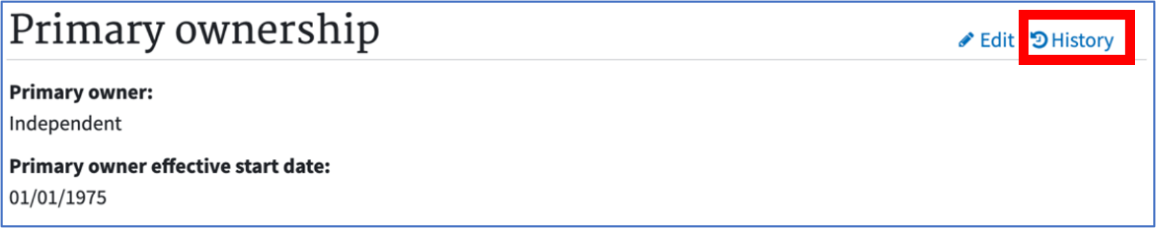 Primary Ownership Screen of EQRS highlighting the "History" link in the upper right-hand section of the window.