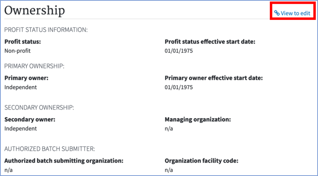 Screenshot of the Ownership section in EQRS, highlighting "View to edit" in the upper-right corner of the section.