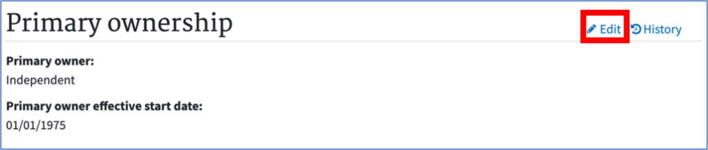 Primary Ownership screen indicating current ownership, highlighting the option to "Edit" in the upper-right corner, to the left of "History".