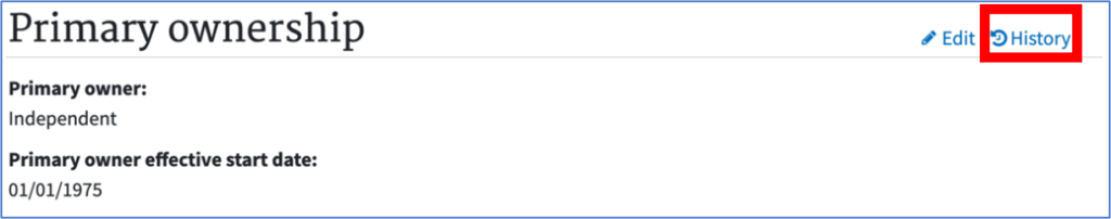 Primary Ownership screen indicating current ownership, highlighting the option to view "History" in the upper-right corner, to the right of "Edit".