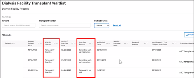 New Inactive Reason Column highlighted alongside the Waitlist Status column on the Dialysis Facility Transplant Waitlist page of EQRS.